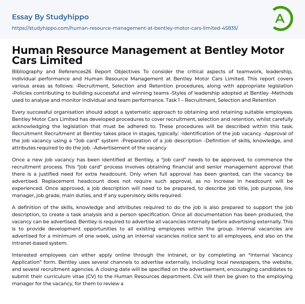 Human Resource Management at Bentley Motor Cars Limited Essay Example