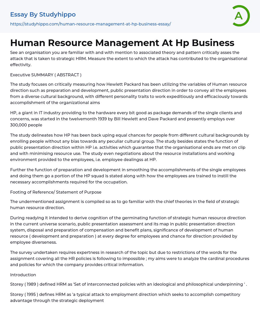 Human Resource Management At Hp Business Essay Example