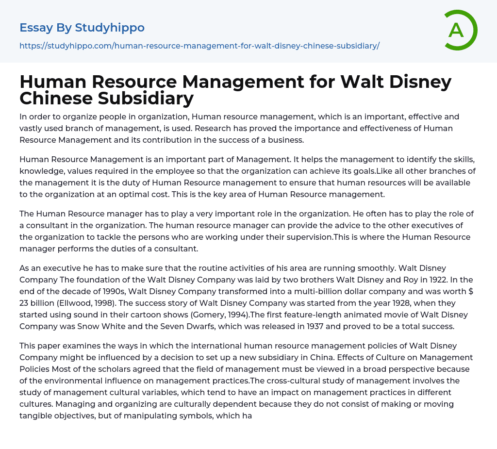 Human Resource Management for Walt Disney Chinese Subsidiary Essay Example