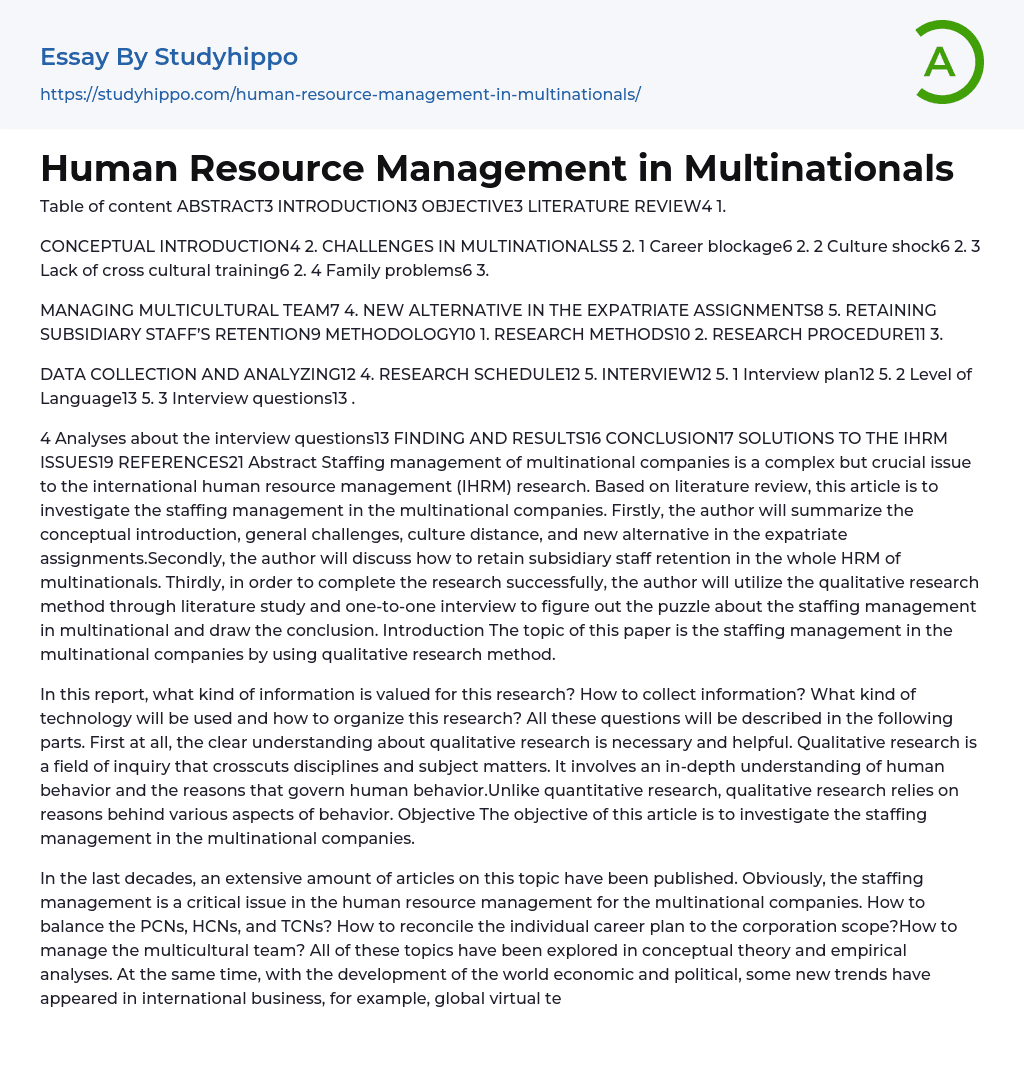 Human Resource Management in Multinationals Essay Example