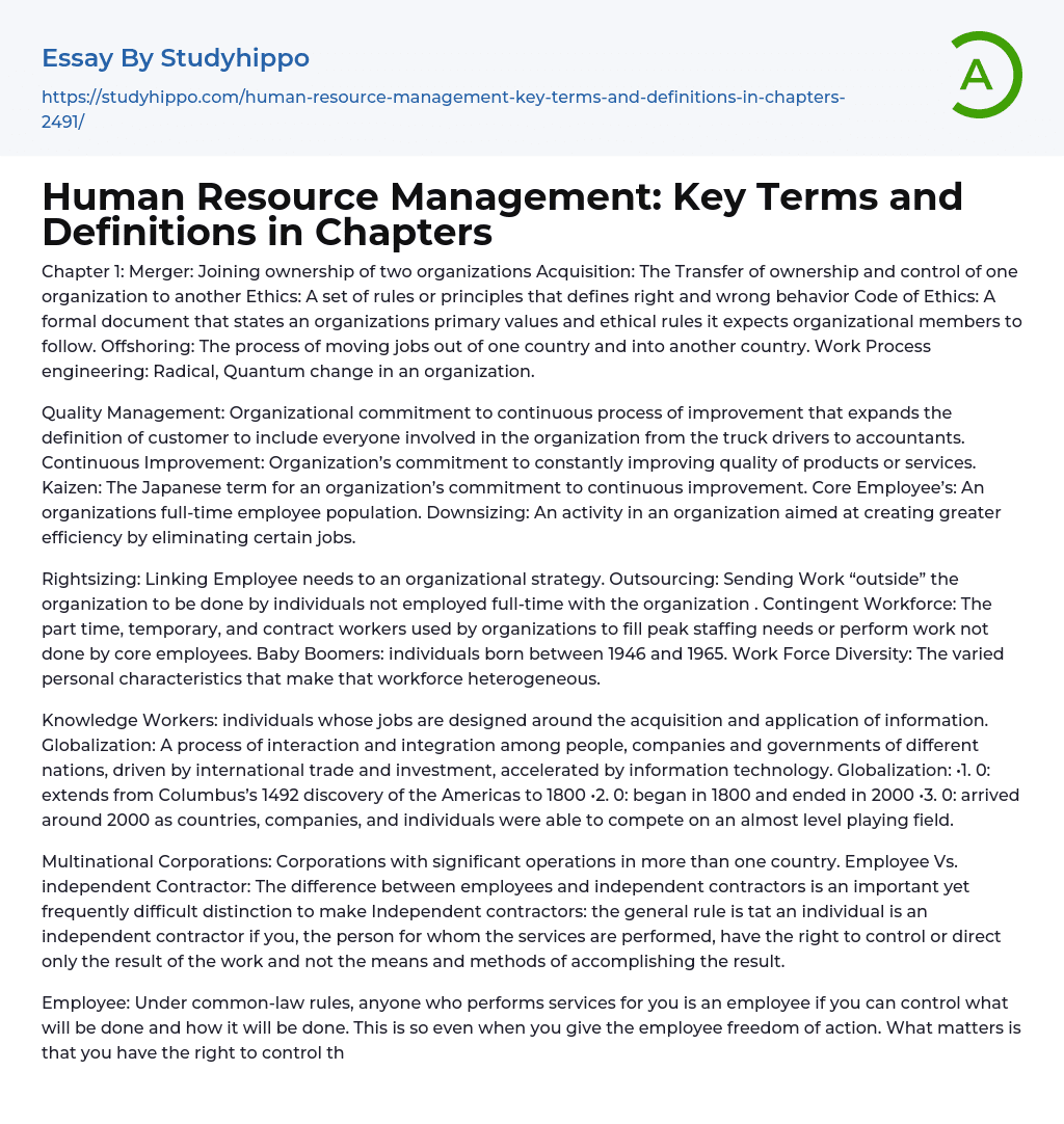 Human Resource Management: Key Terms and Definitions in Chapters Essay Example
