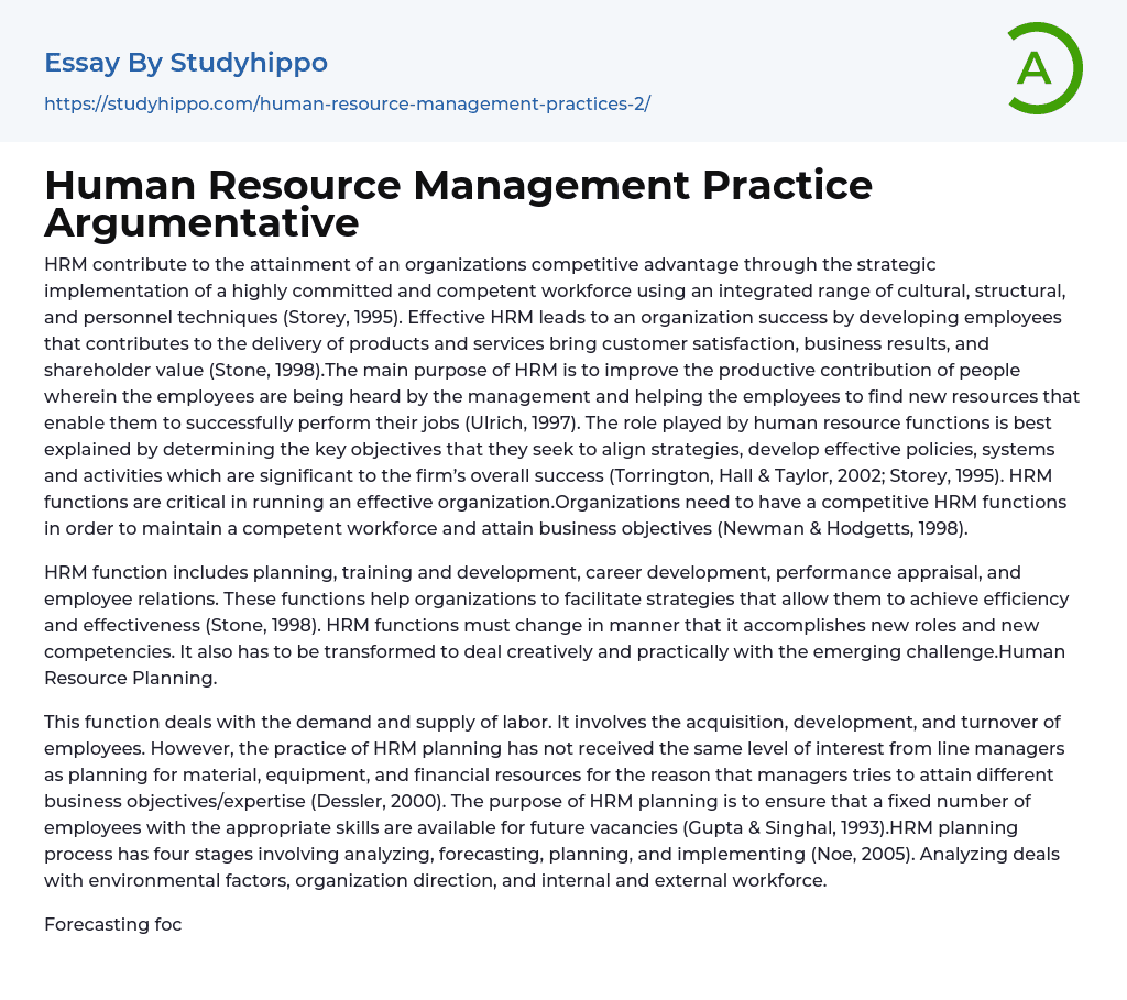 Human Resource Management Practice Argumentative Essay Example