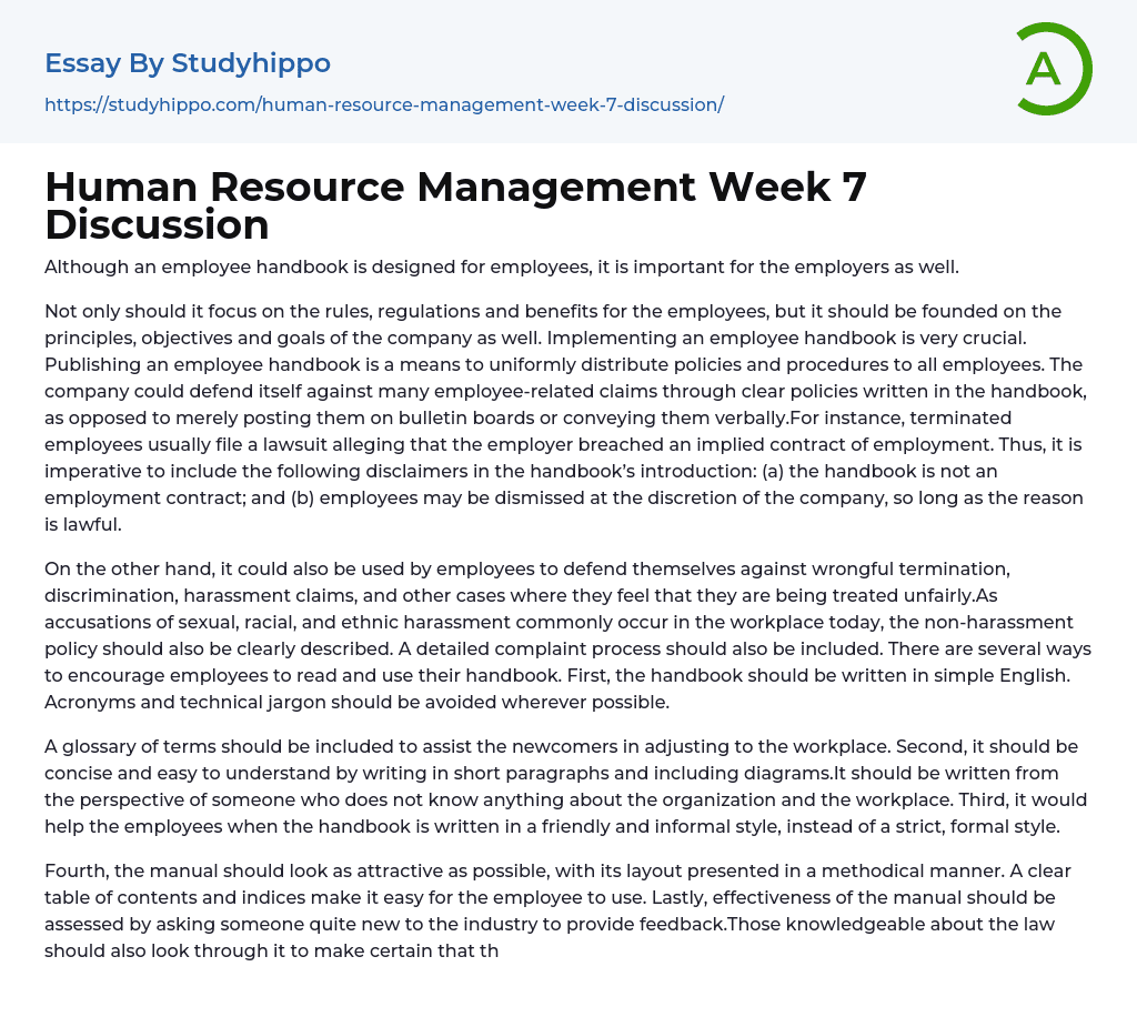 Human Resource Management Week 7 Discussion Essay Example