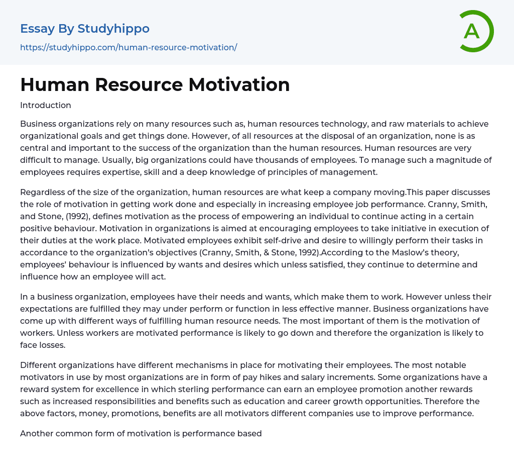 Human Resource Motivation Essay Example