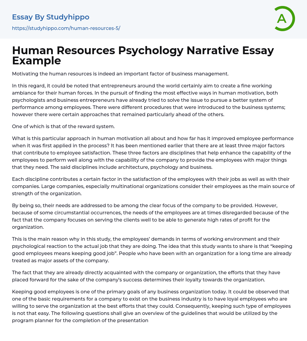 Human Resources Psychology Narrative Essay Example
