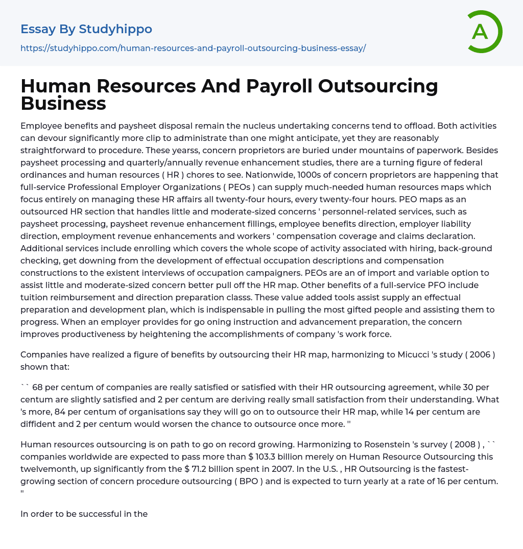 Human Resources And Payroll Outsourcing Business Essay Example