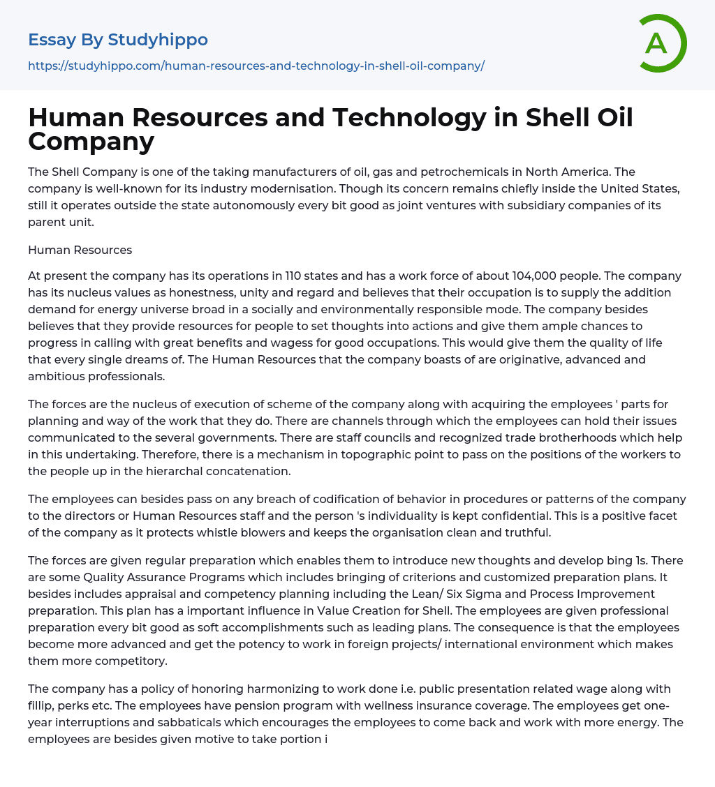 Human Resources and Technology in Shell Oil Company Essay Example