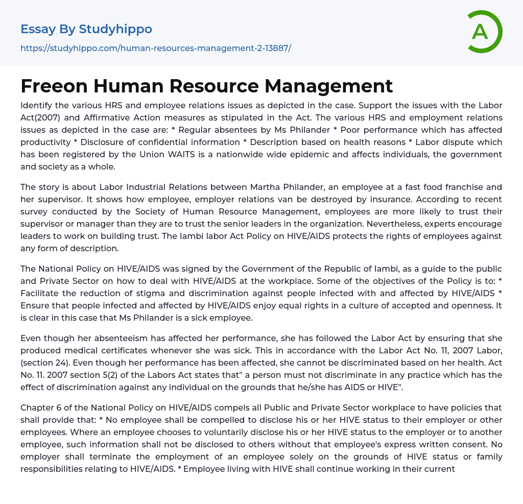 Freeon Human Resource Management Essay Example