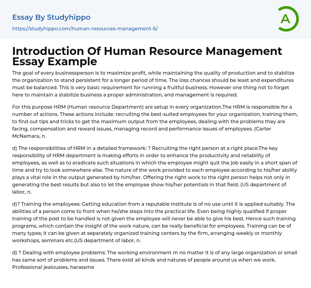 Introduction Of Human Resource Management Essay Example