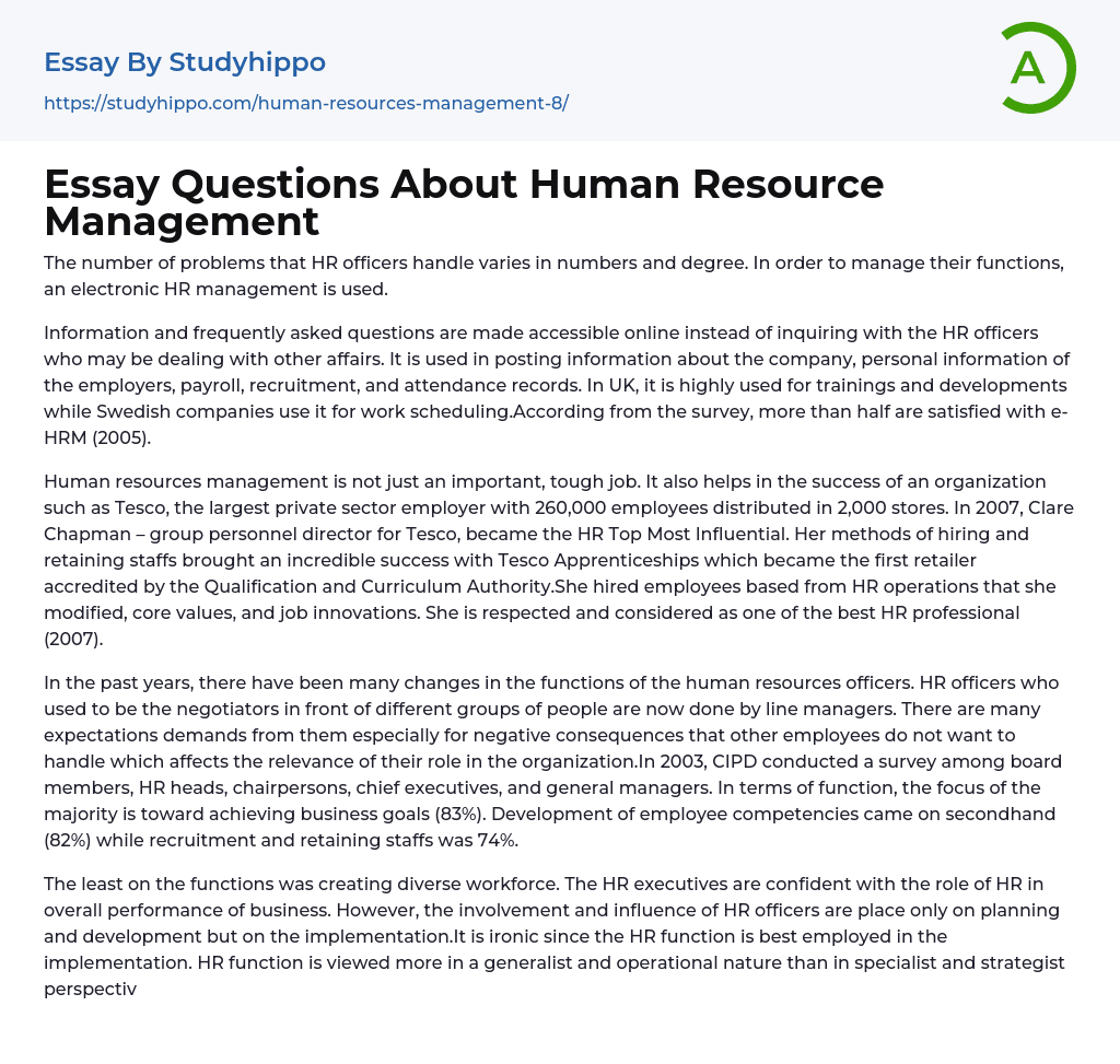 Essay Questions About Human Resource Management