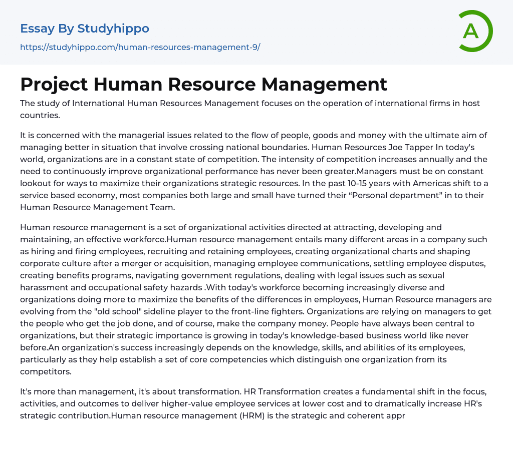 Project Human Resource Management Essay Example