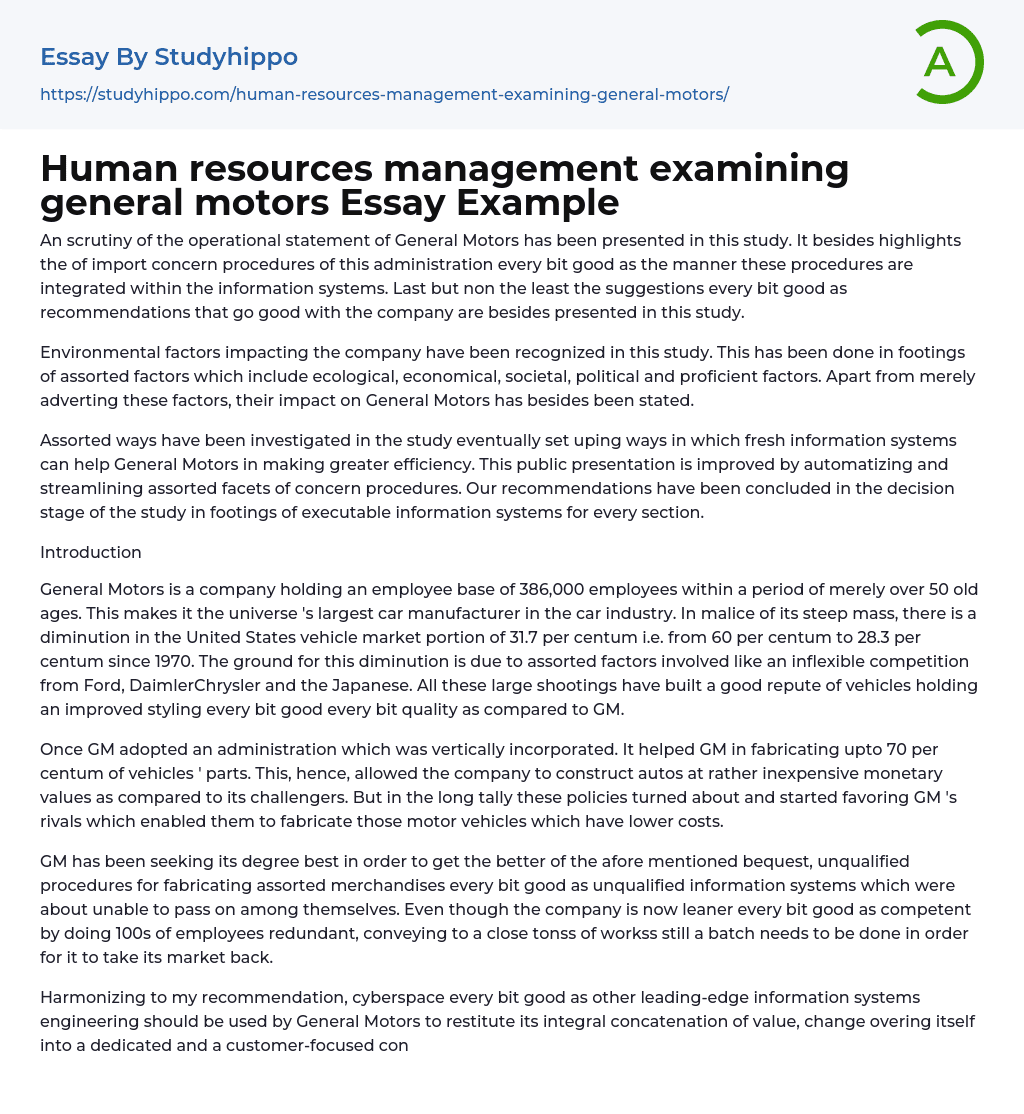Human resources management examining general motors Essay Example