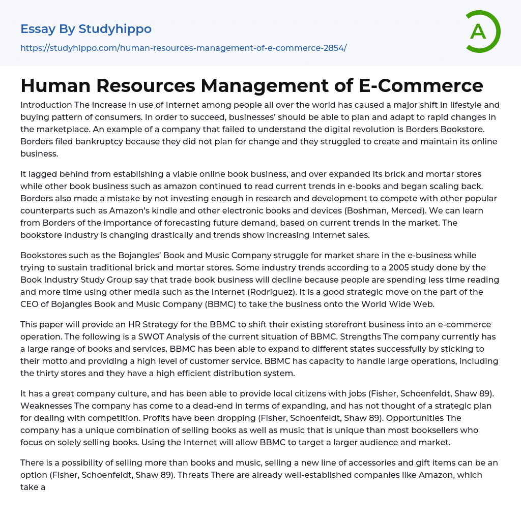 Human Resources Management of E-Commerce Essay Example