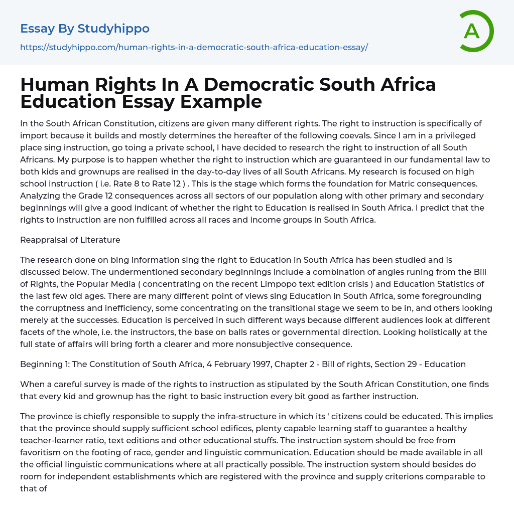 Human Rights In A Democratic South Africa Education Essay Example