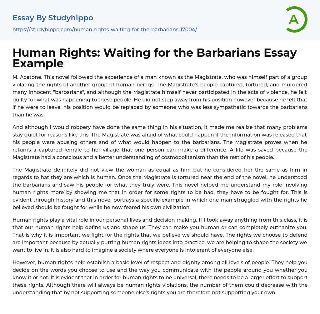 Human Rights: Waiting for the Barbarians Essay Example