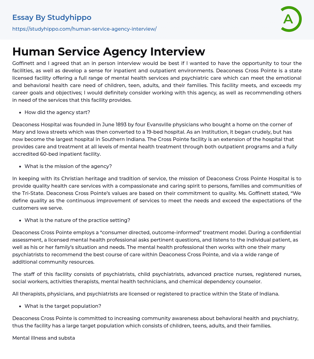 Human Service Agency Interview Essay Example