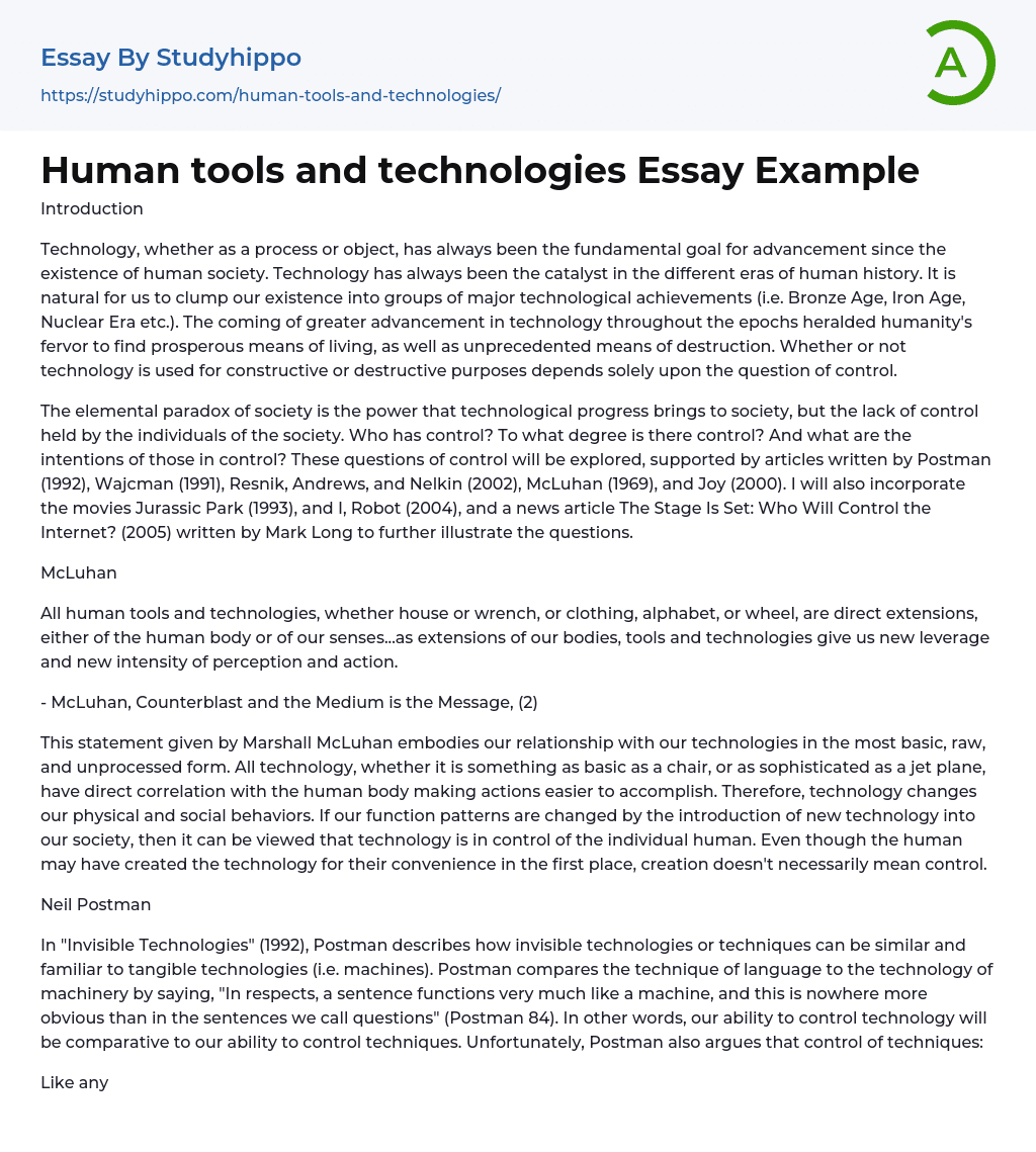Human tools and technologies Essay Example