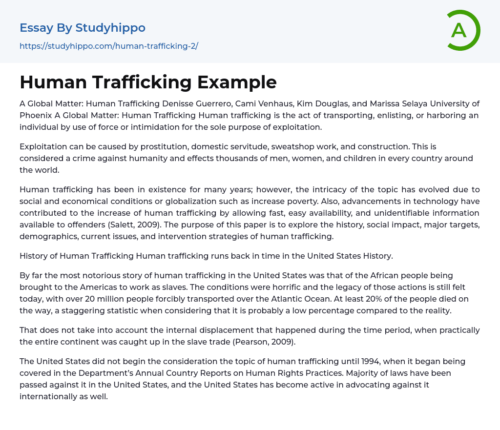 Human Trafficking Example Essay Example