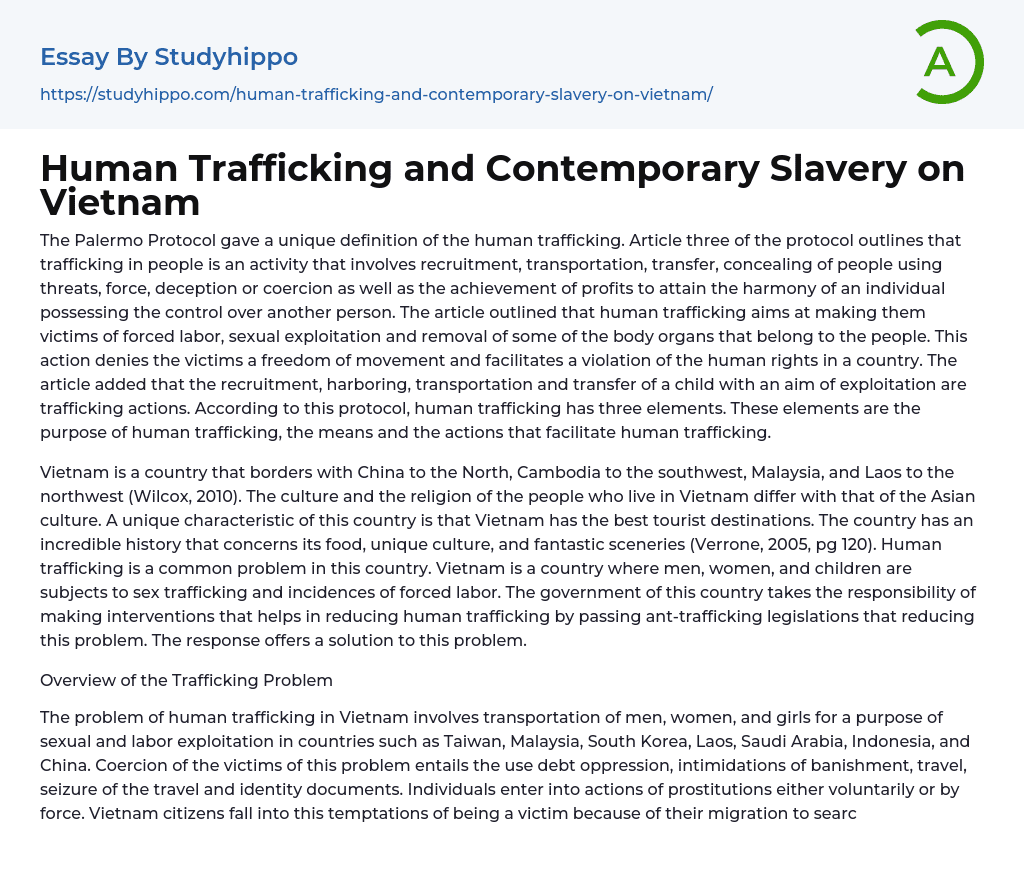 Human Trafficking and Contemporary Slavery on Vietnam Essay Example