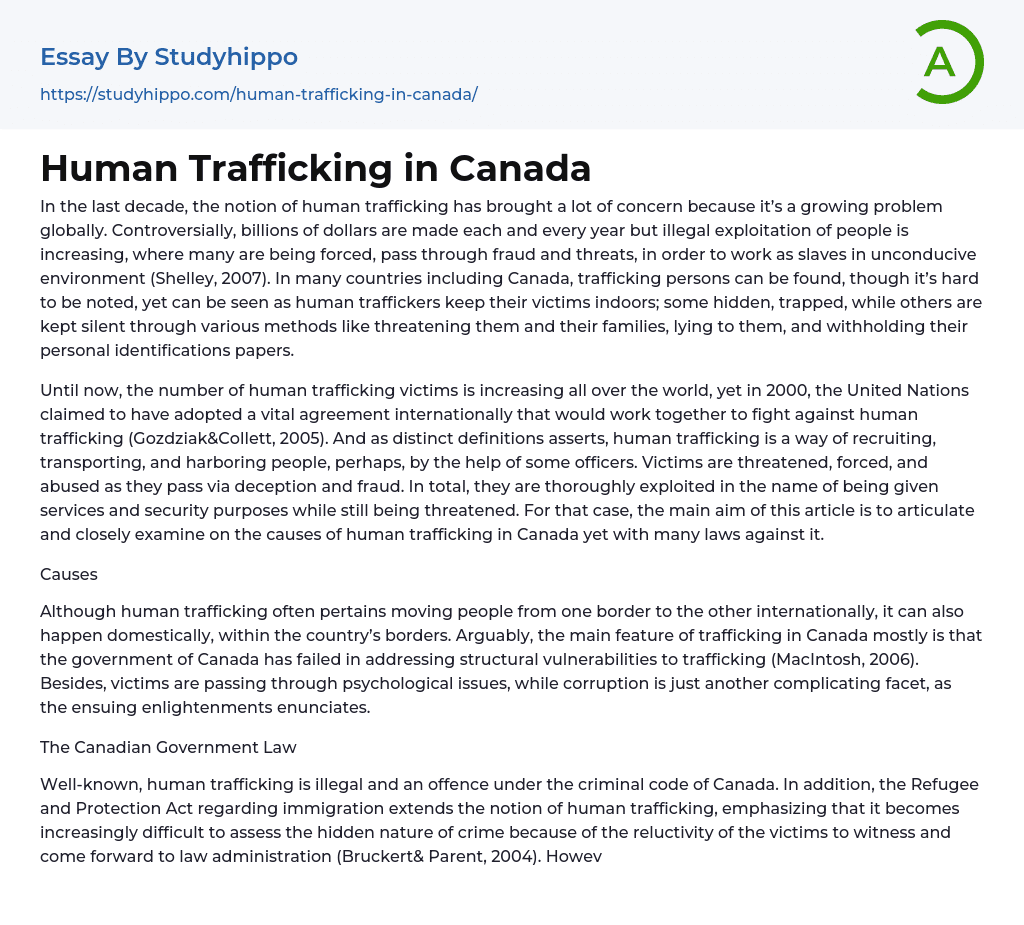 Human Trafficking in Canada Essay Example