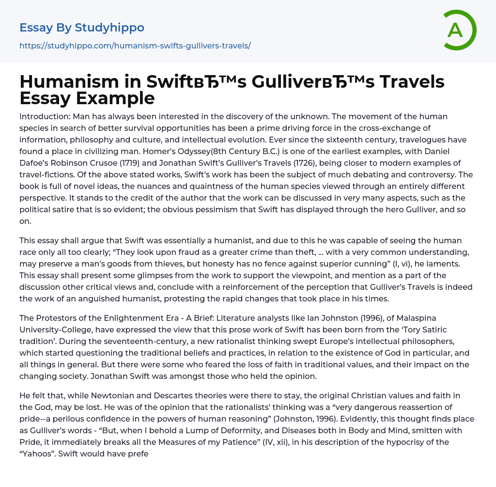 Humanism in Swift’s Gulliver’s Travels Essay Example
