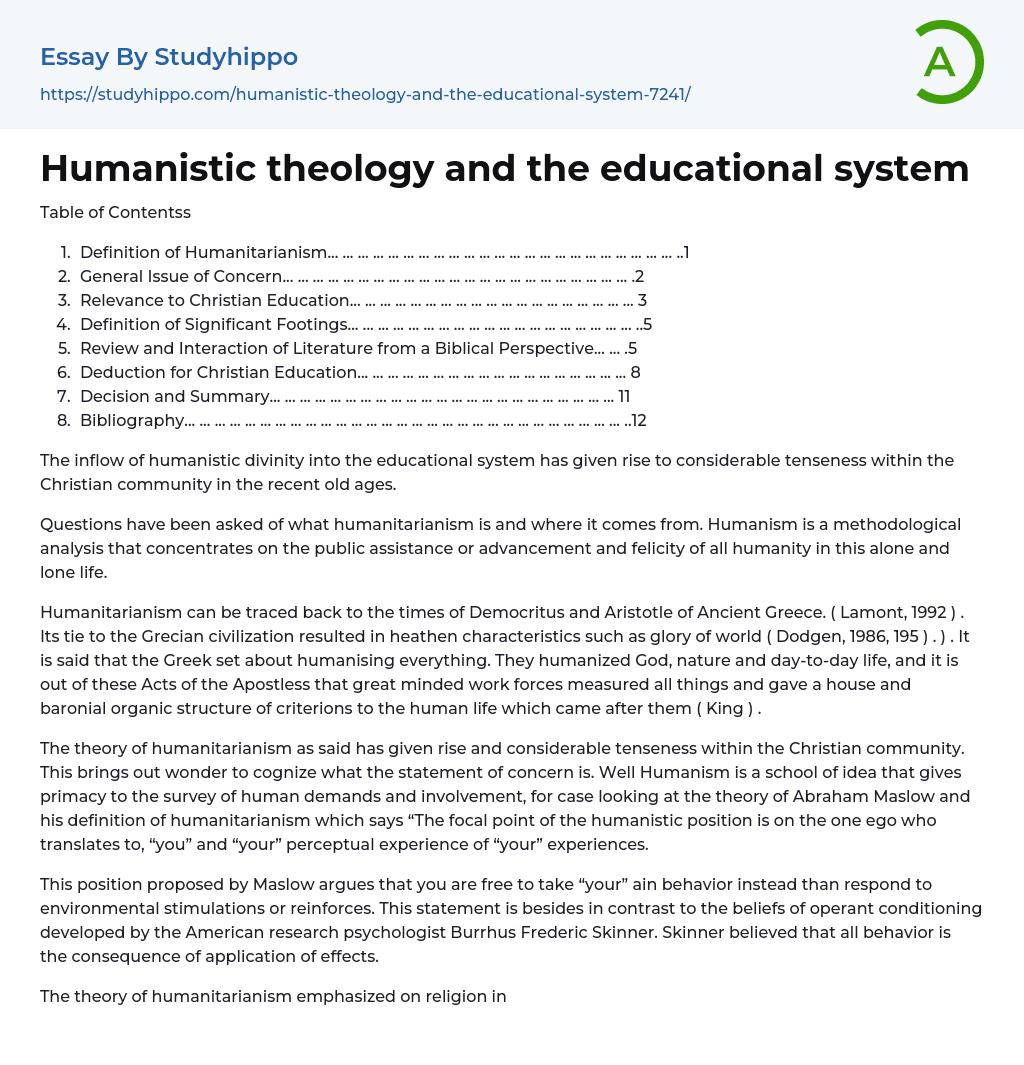 Humanistic theology and the educational system Essay Example