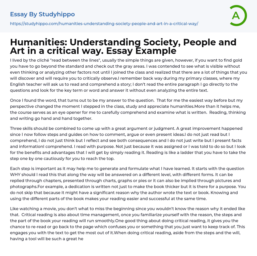 Humanities: Understanding Society, People and Art in a critical way. Essay Example