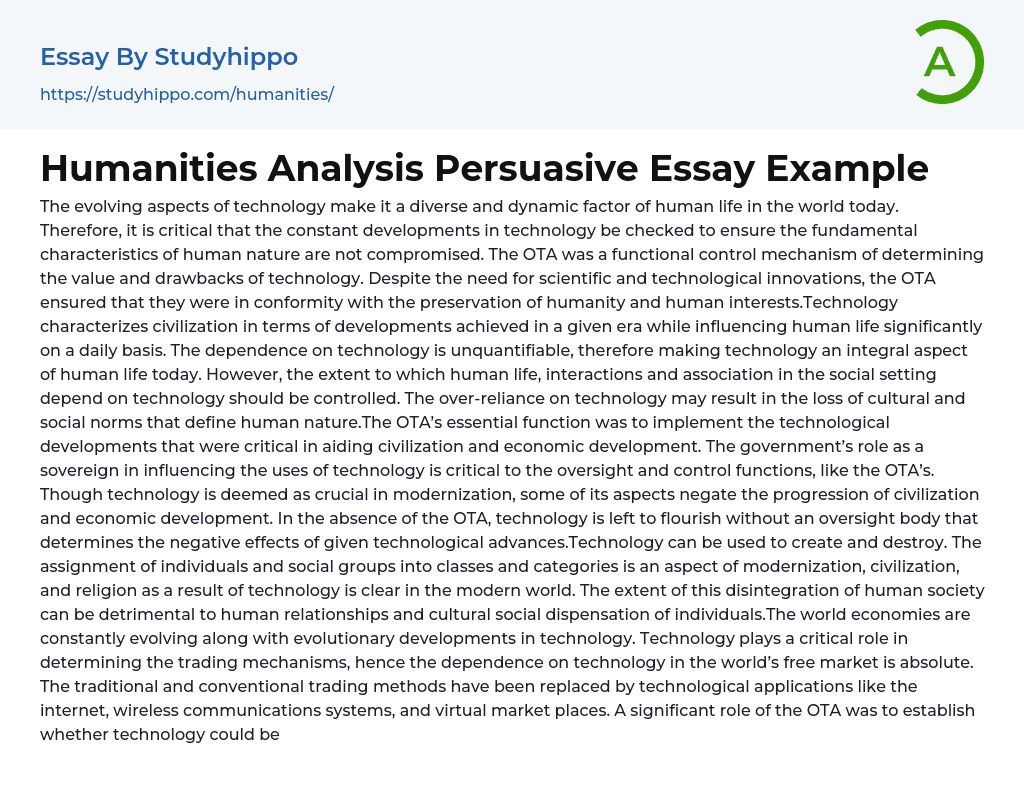 Humanities Analysis Persuasive Essay Example