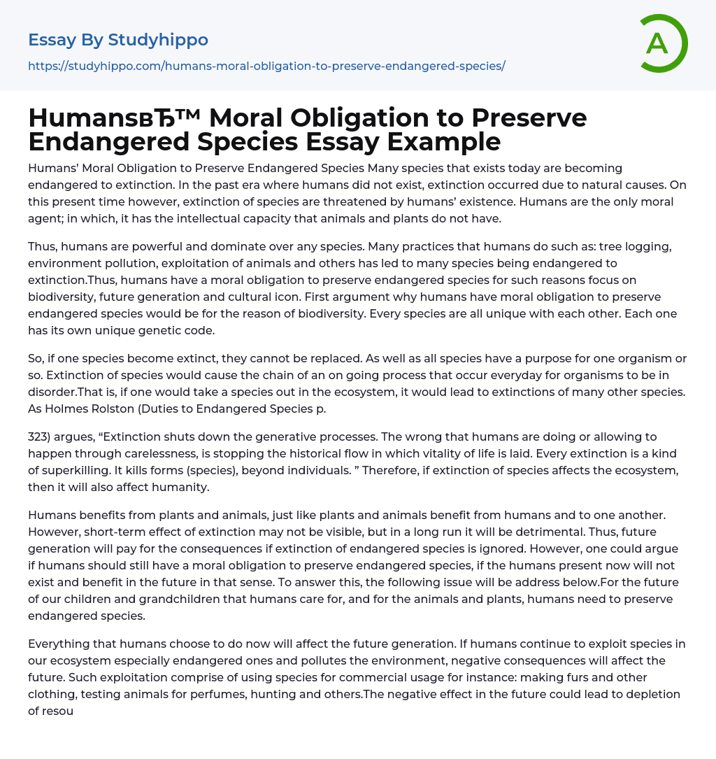 Humans Moral Obligation to Preserve Endangered Species Essay Example