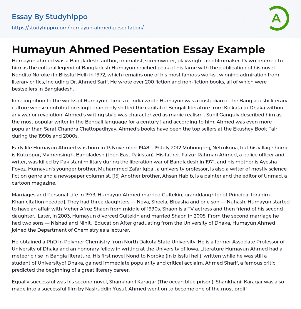 Humayun Ahmed Pesentation Essay Example