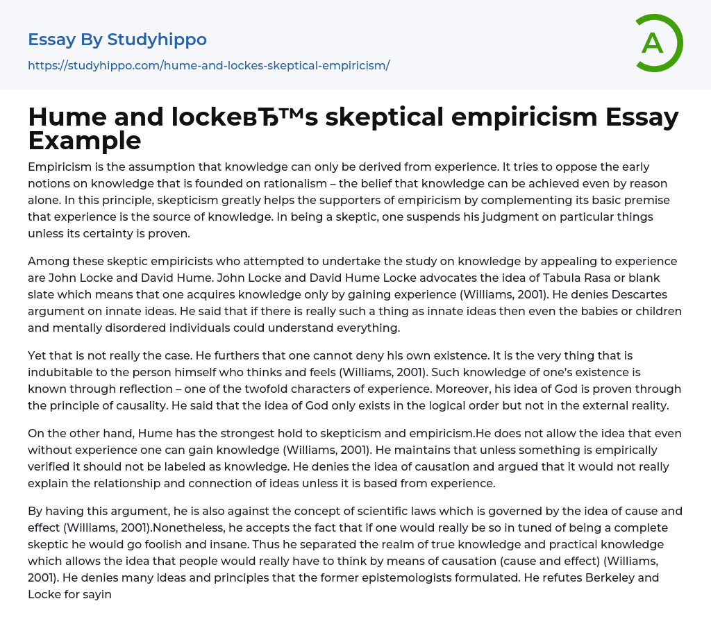 Hume and locke’s skeptical empiricism Essay Example