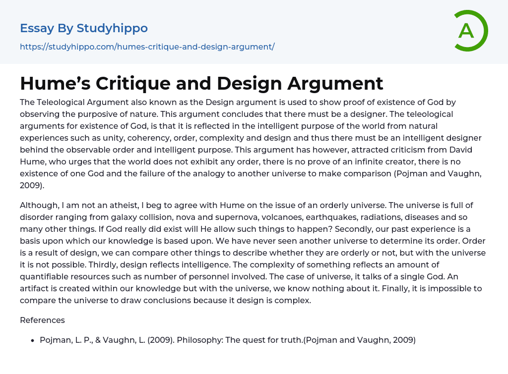 Hume’s Critique and Design Argument Essay Example