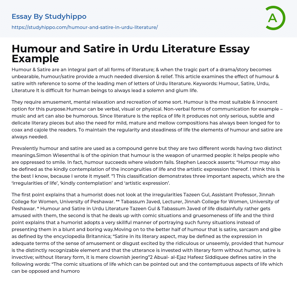 Humour and Satire in Urdu Literature Essay Example
