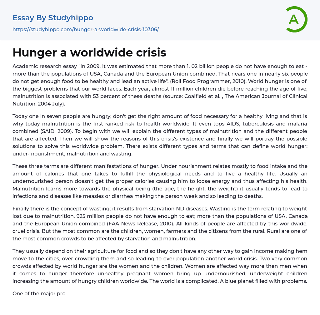 Hunger a worldwide crisis Essay Example
