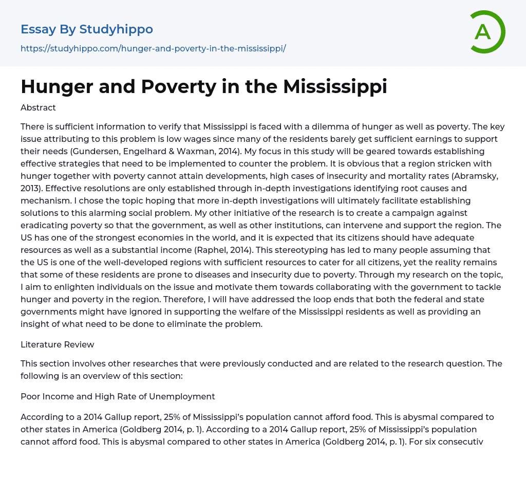 Hunger and Poverty in the Mississippi Essay Example