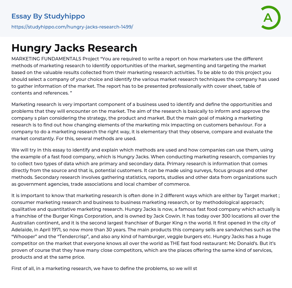 Hungry Jacks Research Essay Example