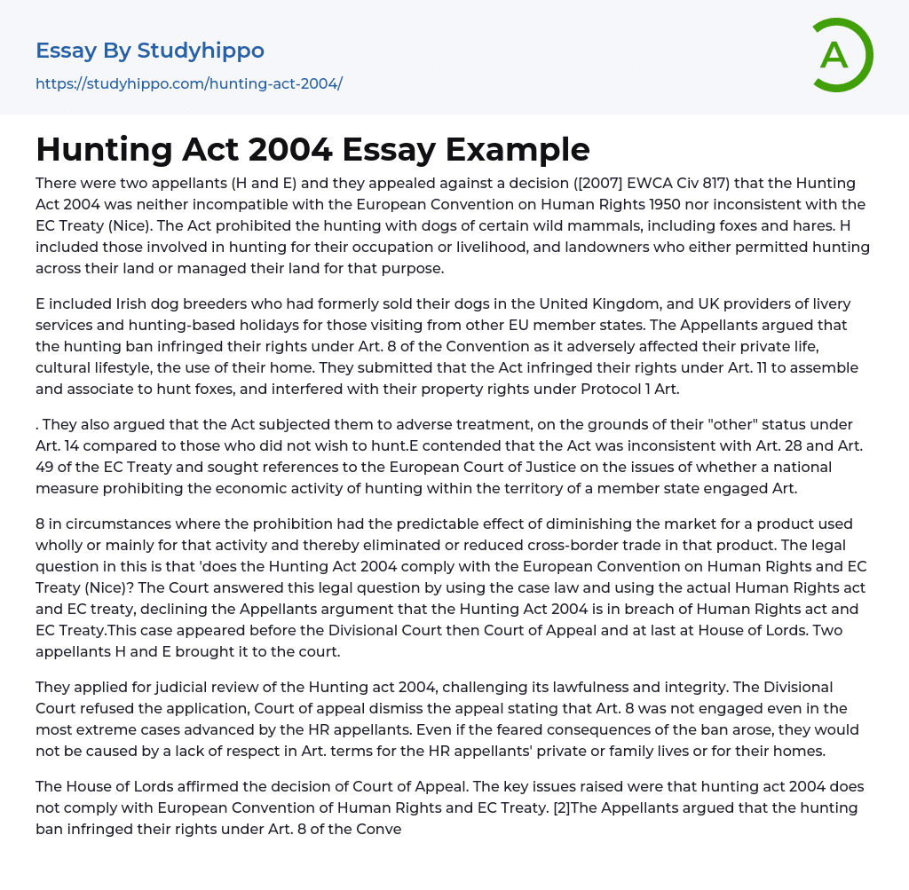 Hunting Act 2004 Essay Example