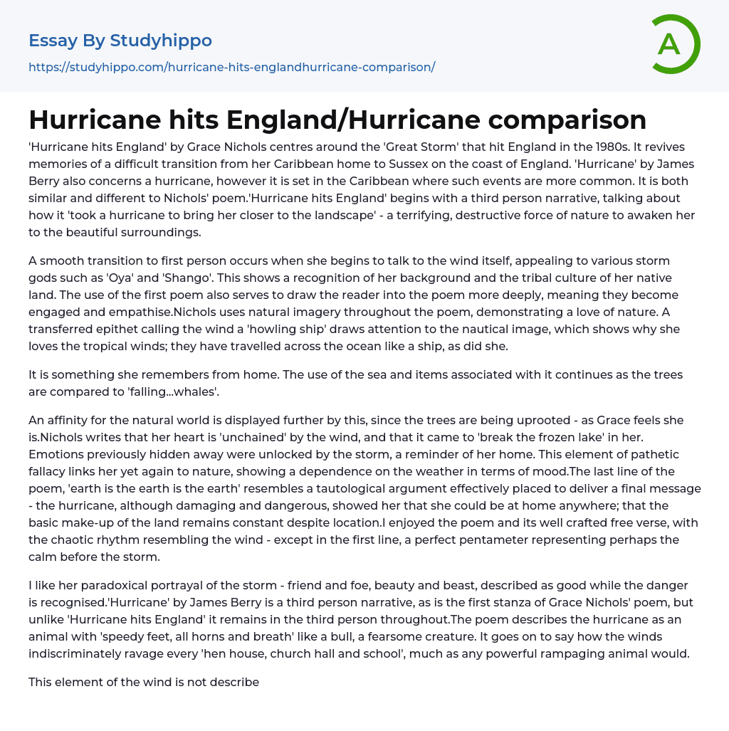 Hurricane hits England/Hurricane comparison Essay Example