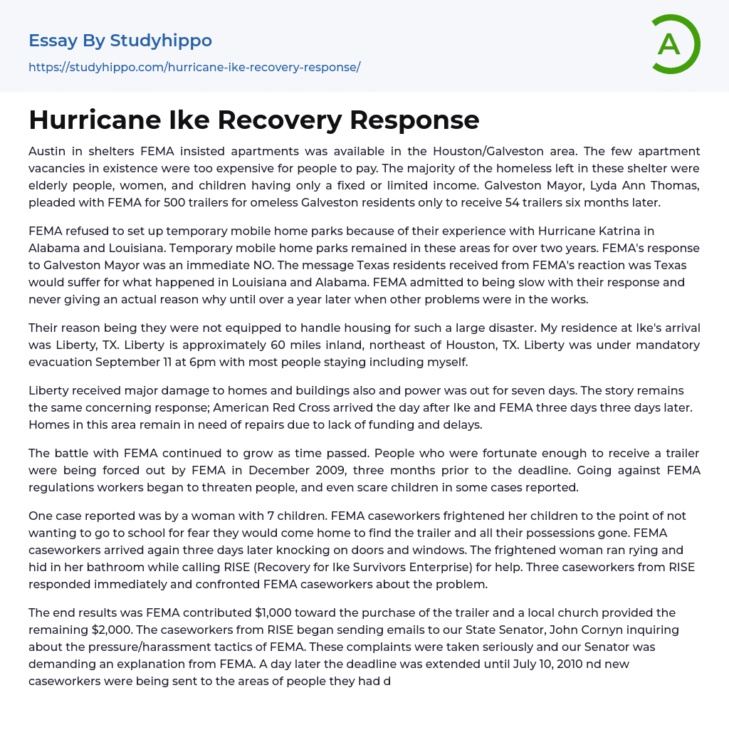 Hurricane Ike Recovery Response Essay Example