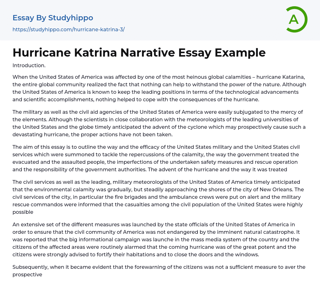 Hurricane Katrina Narrative Essay Example