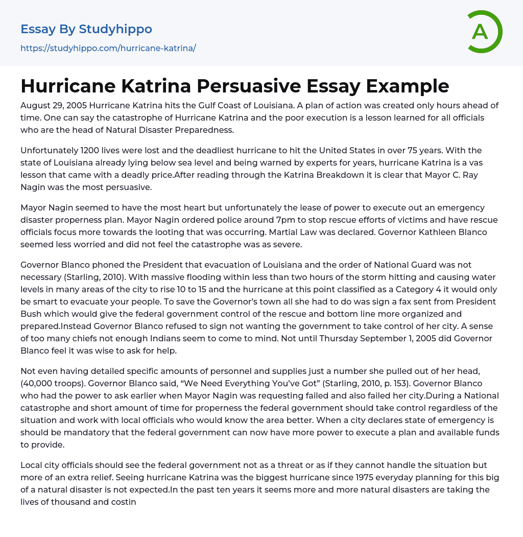 Hurricane Katrina Persuasive Essay Example