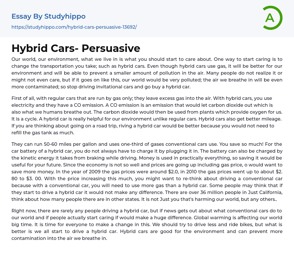 Hybrid Cars- Persuasive Essay Example