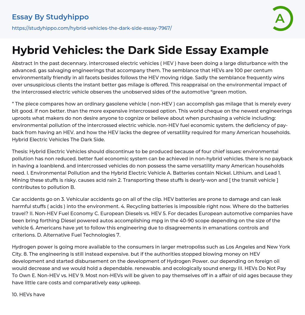 Hybrid Vehicles: the Dark Side Essay Example