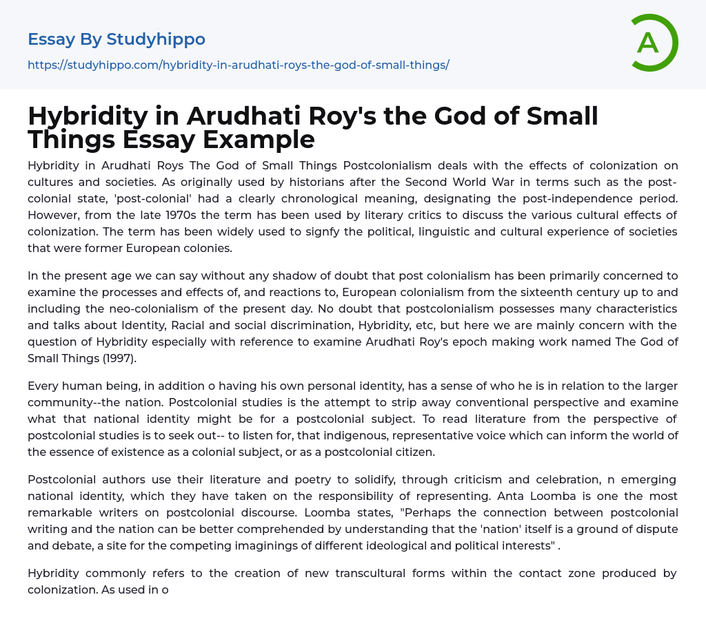 Hybridity in Arudhati Roy’s the God of Small Things Essay Example
