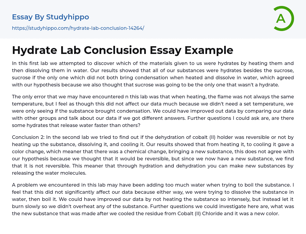 Hydrate Lab Conclusion Essay Example
