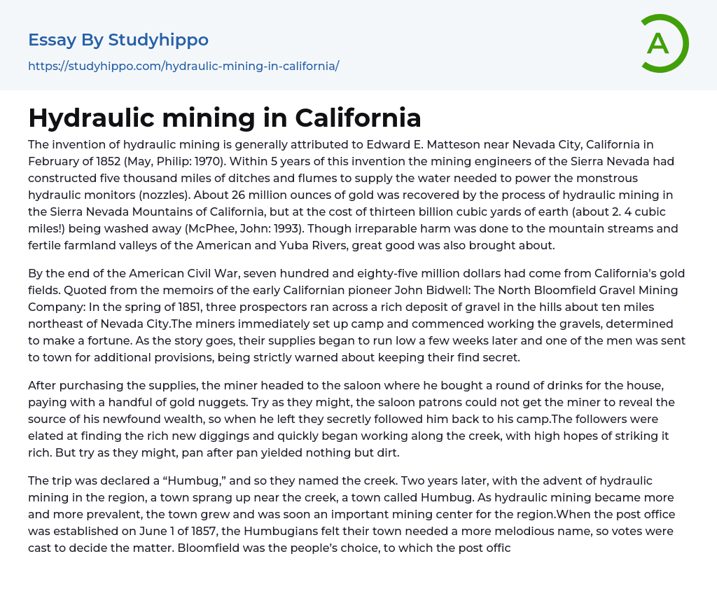 Hydraulic mining in California Essay Example