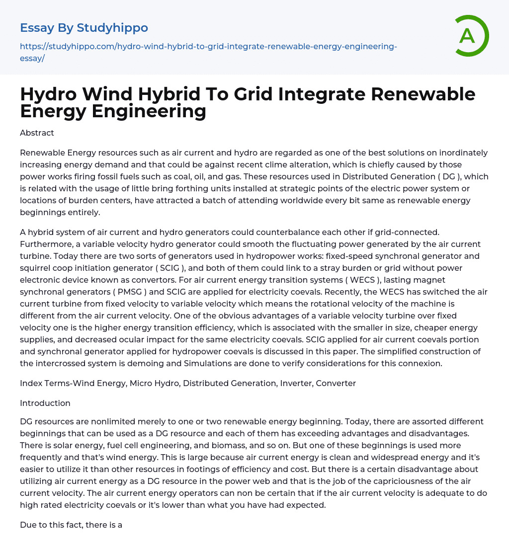Hydro Wind Hybrid To Grid Integrate Renewable Energy Engineering Essay Example