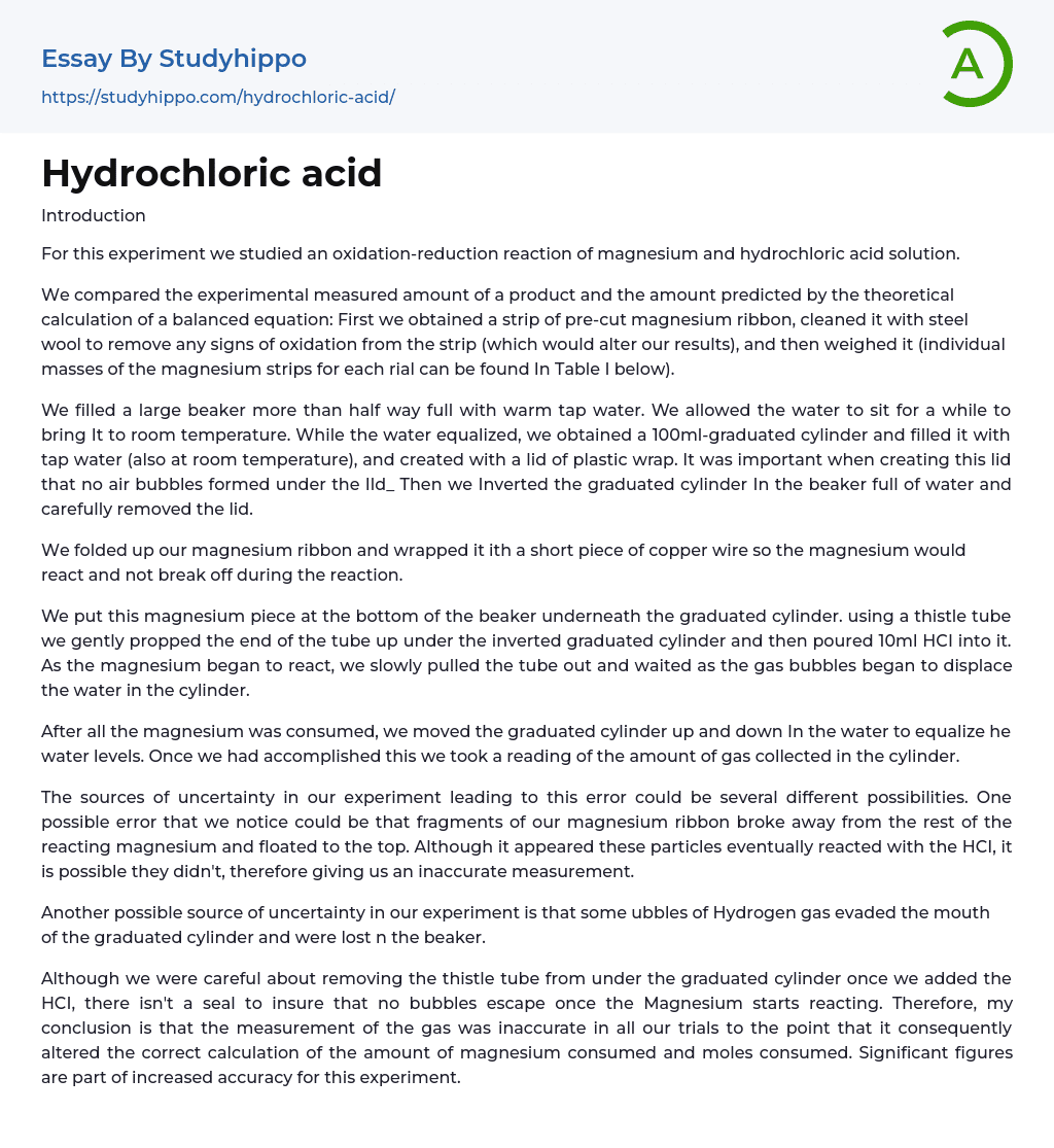 Hydrochloric acid Essay Example