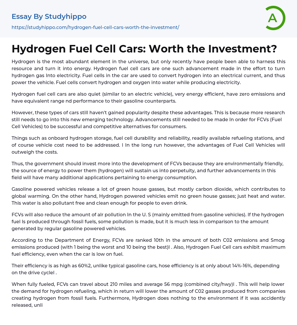 Hydrogen Fuel Cell Cars: Worth the Investment? Essay Example