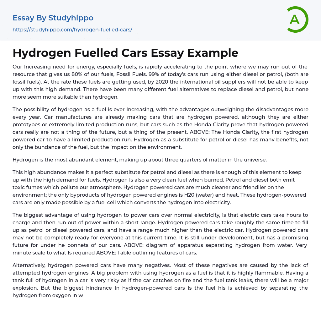Hydrogen Fuelled Cars Essay Example